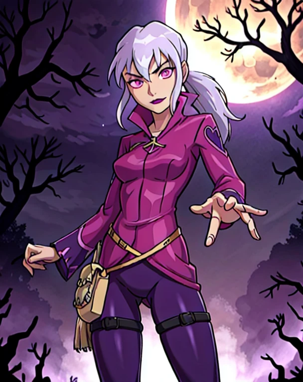 (cowboy shot), sfw, (masterpiece), (best quality:1.0), (ultra highres:1.0), detailed eyes, BREAK Charmcaster, 1girl, low ponytail, bangs, pink eyes, lipstick, magenta coat, bodysuit, dark purple tights, thigh straps, pouch belt BREAK (forest, nighttime, creepy trees, outdoors, gorgeous view)
