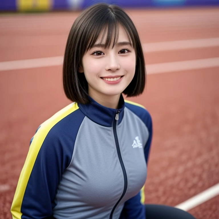(kawaii 24 year-old Japanese girl, Nogizaka idol, Korean idol, track and field player), healthy female athlete body, glossy black hair, (very short hair, bangs:1.2), beautiful black eyes, rounded face, single eyelid, (no makeup:1.2), (big laughing), (track jacket, sports leggings:1.3), extra small breasts, BREAK, (track and field stadium background, summer sunlights:1.2), (dynamic angle, bust shot:1.2), BREAK, (masterpiece, best quality, photo realistic, official art:1.4), (UHD, 8K quality wallpaper, high resolution, raw photo, golden ratio:1.3), (shiny skin), professional lighting, physically based rendering, award winning, (highly detailed skin texture, extremely detailed face and eyes textures), Carl Zeiss 85 mm F/1.4, depth of field, (1girl, solo),