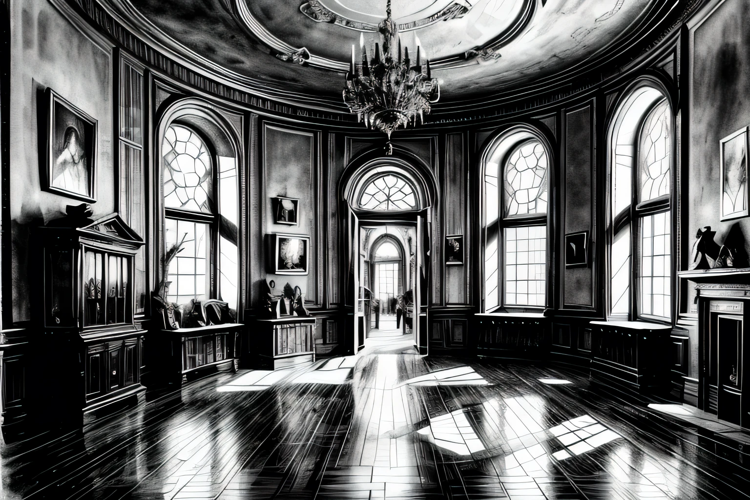 Local History Museum, Interior, Watercolor, art, art, Fantastic illustrations, upscale, fairy tale, Fairytale, Monochrome