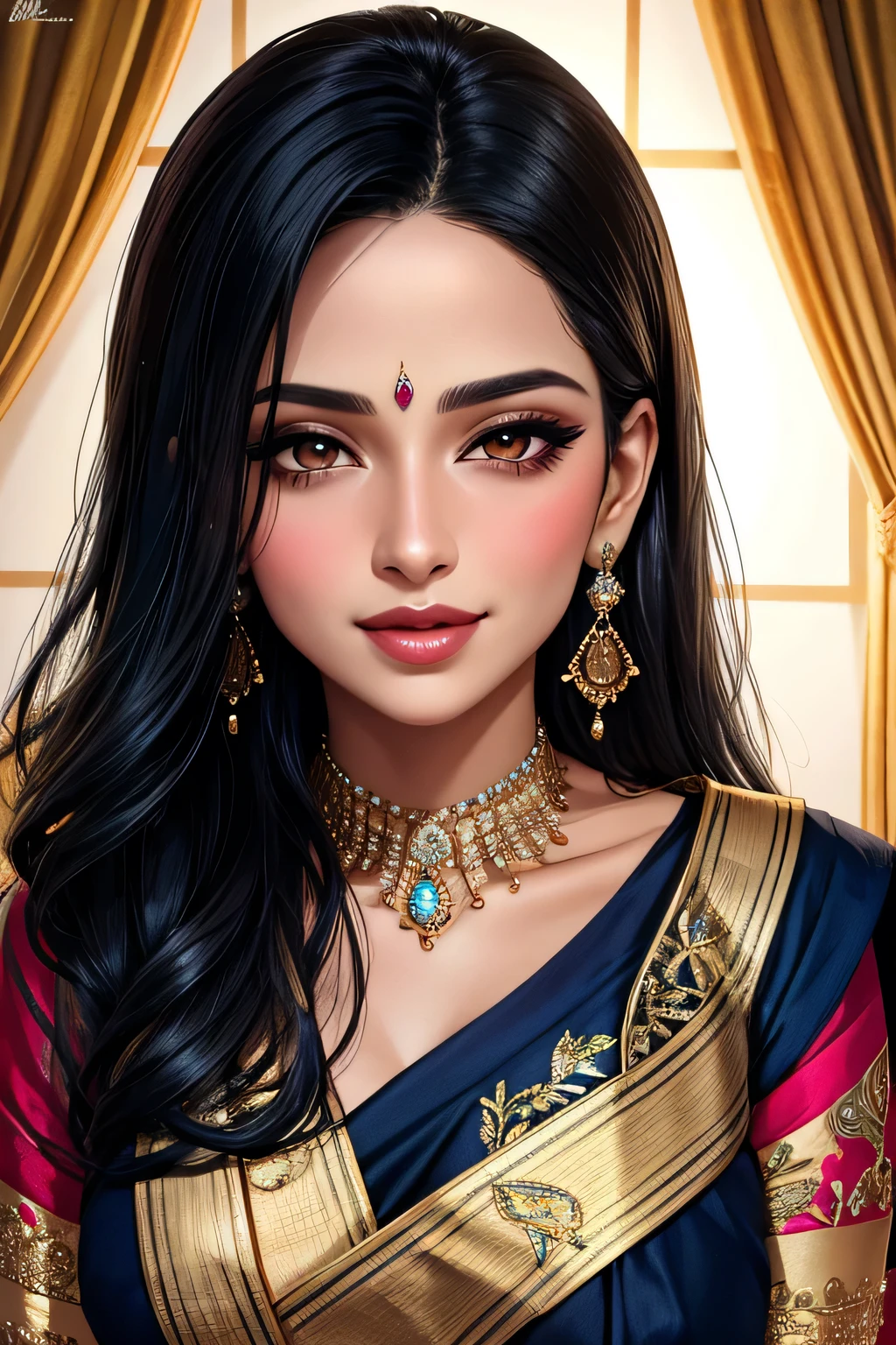 Amazing portrait of a sexy woman with a beautiful face having long straight black hair with detailed eyes and detailed lips wearing some elegant earrings and a navy blue saree with silver embroidery as she's seductively gazing and smiling and blushing intensely with a perfect and hot body 