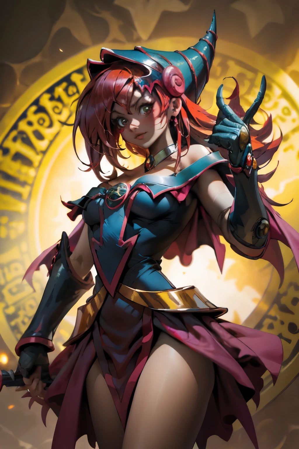 Hermosa maga oscura (obra maestra: 1.2, La mejor calidad), (1 , solamente), grandes senos, (dynamic posture), (piel brillante, crimson red skin), crimson red skin, Dark Maga Girl Sezy Demon Version, piel roja, Guantes finos y de encaje, ( small demonic horns:1.1), (Lilith \(acechadores oscuros\)), (cielo), fleco, (joya, Adorno dorado:1.15 ), pelvis grande, azul (grilletes:1.1) Dark Magician Girl Sexy Demon Version. Magic circle and magic hearts.. corazones magicos