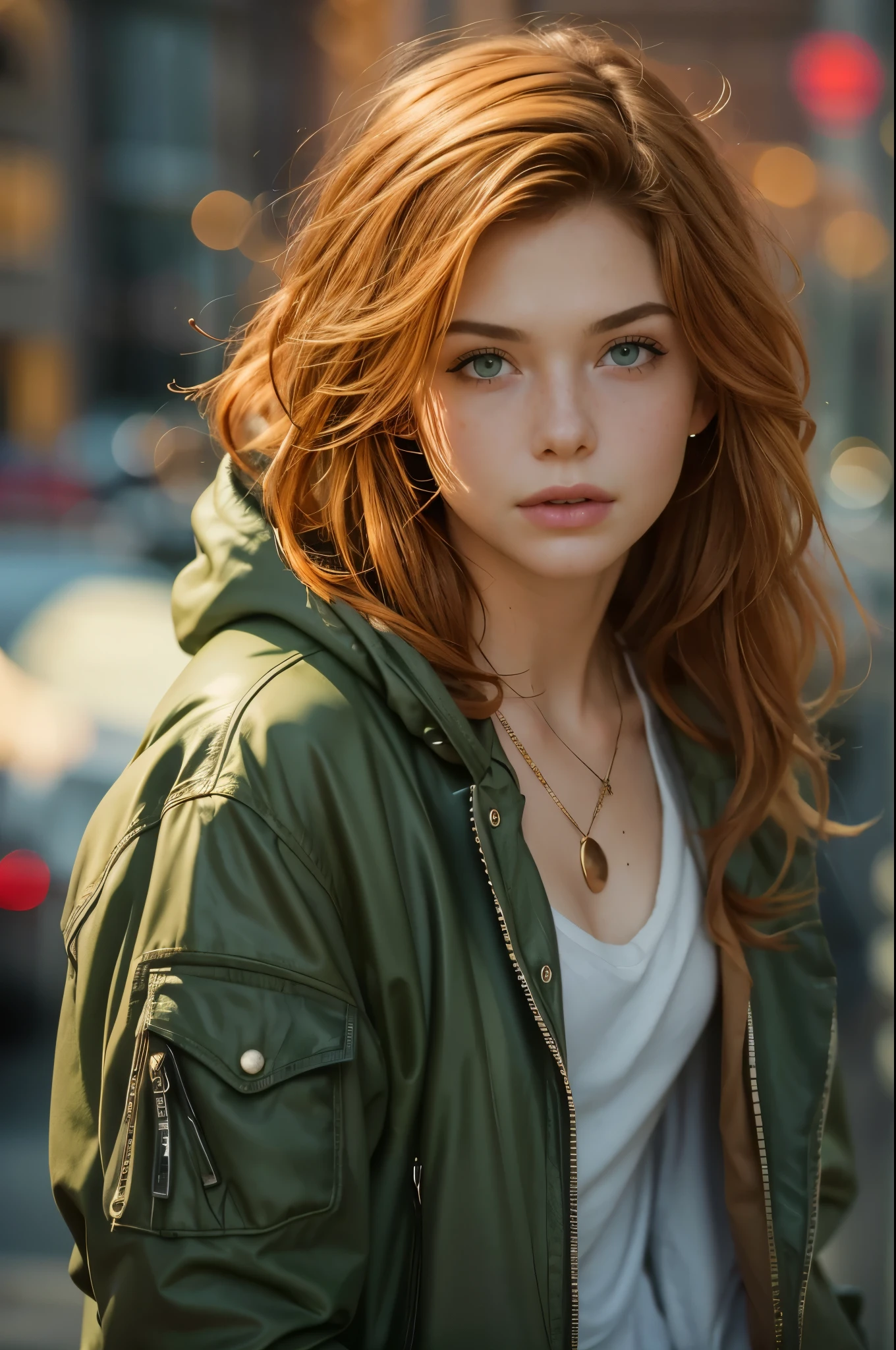 close portrait, Masterpiece, a Beautiful 20 years old girl, redhead, white skin, freckles, rounded body, rounded face
wearing see through top, v neck, cleavage, wearing a grunge jacket with a hood up, wearing vintage jewelry, short messy Hair, 
Perfect face, Beautiful face, light green eyes, detailed eyes, looking tired, smiking, (smooth lighting), relaxed pose, Bright colors, 
Manhattan Greenwhich village street as a background, sunny day, RAW, cinematic, ultra high res.photorealistic, UHD, (vintage grunge vibes:1.2)