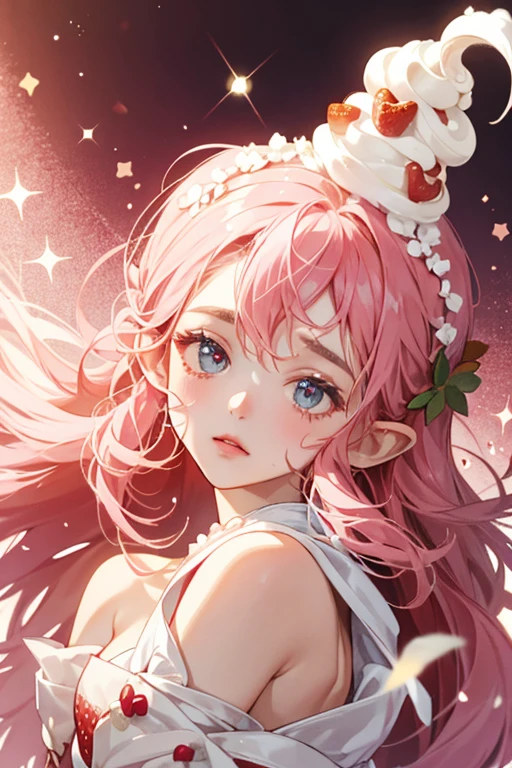Crepetchi looks like a crepe wearing a pink suit with a white heart on it. On her head she has two strawberries which look like ears, a tuft of hair which looks like it is made from cream, a chocolate heart, and some white cream with two red berries. SPARKLE; GLITTER