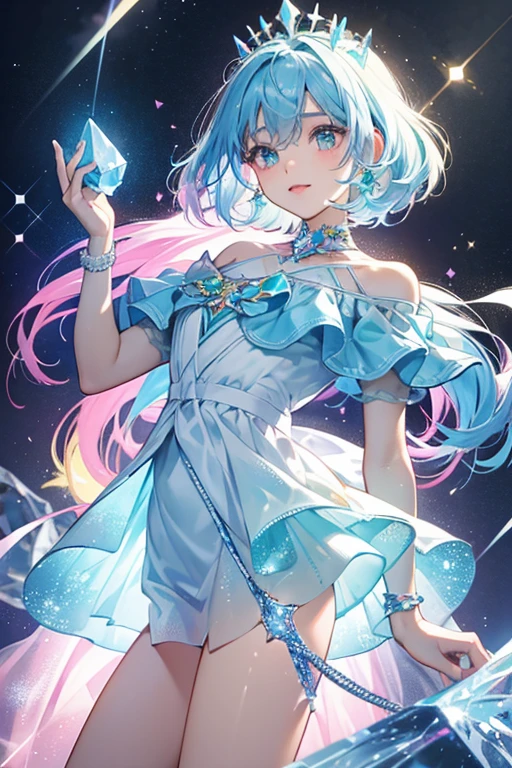 Crystaltchi resembles a tall, light-blue crystal with a face and stubby legs. Her tip sparkles in multiple colors, including yellow, pink and green. SPARKLE; GLITTER