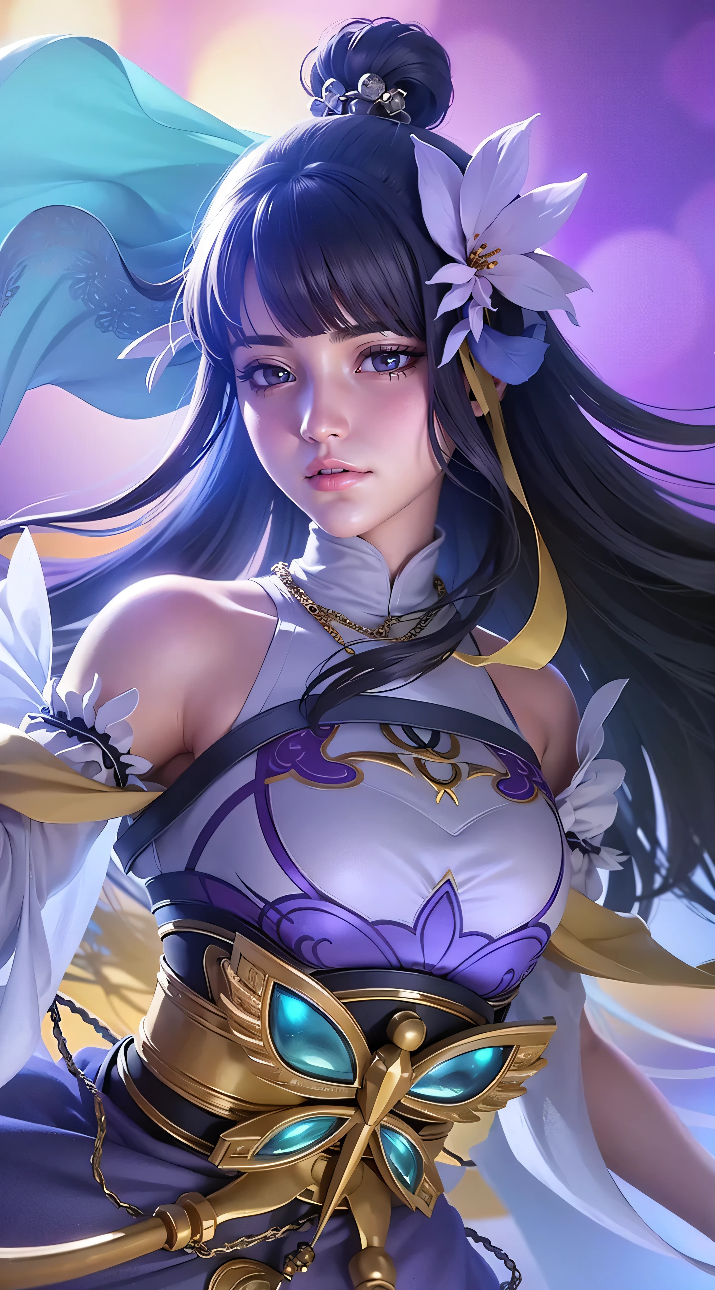 Realistic Anime style, beautiful, cool girl, (detailed face 8k) (detailed hair 8k) (detailed clothes 8k) Attack on titan uniform, purple cloak, purple short hair, 8K, HDR sharpen.