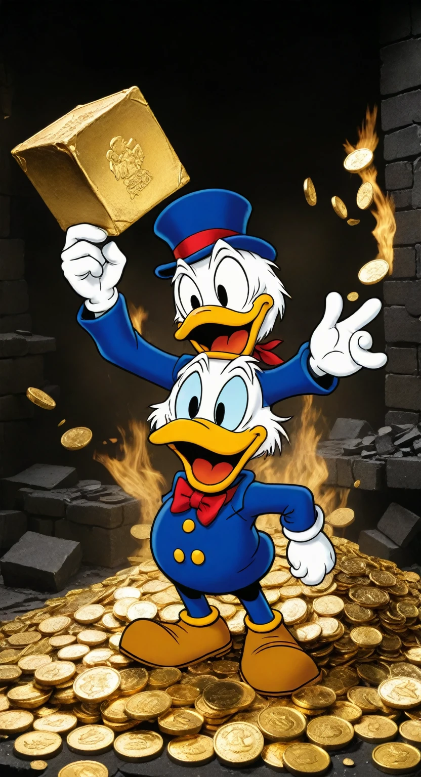 >create the most detailed and detailed industrial statement about how: Scrooge McDuck lies smashed against his mountain of gold coins and, broken and dismembered, screams in horror in pain