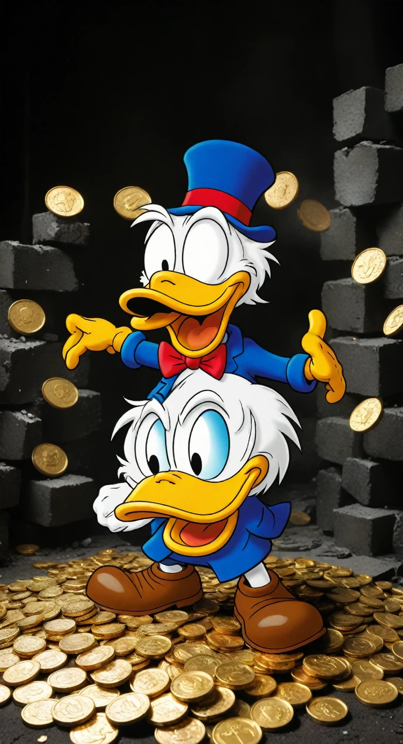 >create the most detailed and detailed industrial statement about how: Scrooge McDuck lies smashed against his mountain of gold coins and, broken and dismembered, screams in horror in pain