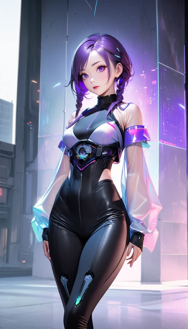 Best quality,Ultra-detailed,Ultra-realistic,Futuristic costume design,Design implies flexibility,Monochromatic color scheme emanates tranquility,Surface reflects light softly,Minimalism,Simple and powerful feminine beauty,modernism,Feminine Elements in Visual Arts,先进技术与自然的Fusion,Photorealistic rendering,1 girl,yinji,Purple Hair,Purple Eyes,Long hair,White hair,(Double Braid),Gradient hair,full-body shot,Cyberpunk Kimono,translucent,Smooth fabric,Low-rise black leggings,chiffon,Kimono top,Monochromatic color palette,Smooth lines,Futuristic decoration,high-tech accessories,Minimalism设计,Fusion,Bold and simple,Serene expression,Cybernetic enhancement,Striking elegance,(Droopy eyes,Pale eyebrows:1.3),Well-defined facial lines,Highlighting her radiant fair skin,(In concrete,Realistic black shadows v,realistic lightning:1.3),Incredibly slim waist,Exudes sculptural beauty,Looking at the audience,