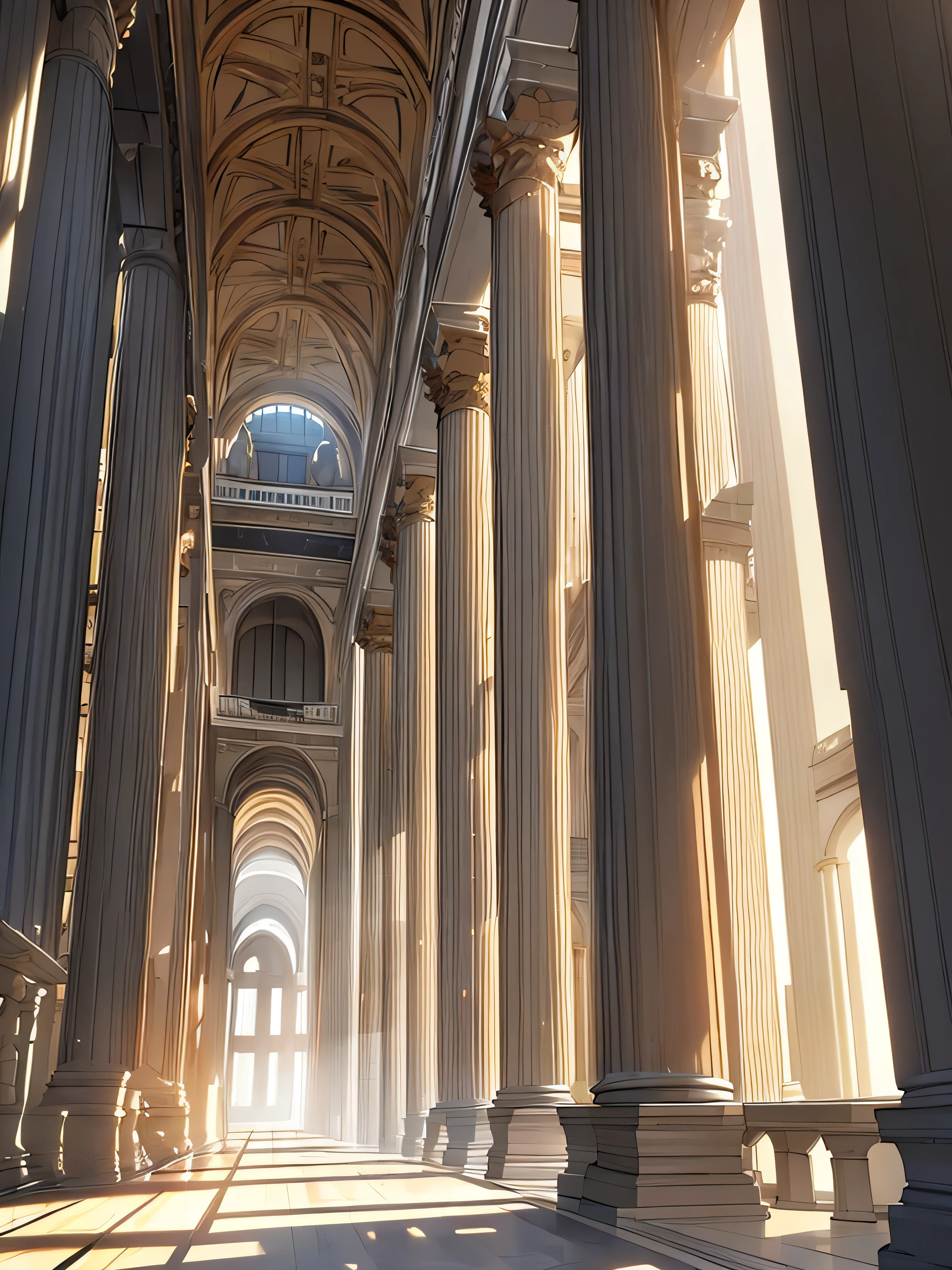 Roman temple, sunlight entering through the pilasters. Interior of a Roman temple, with large columns... High definition, ultra HD 4k.