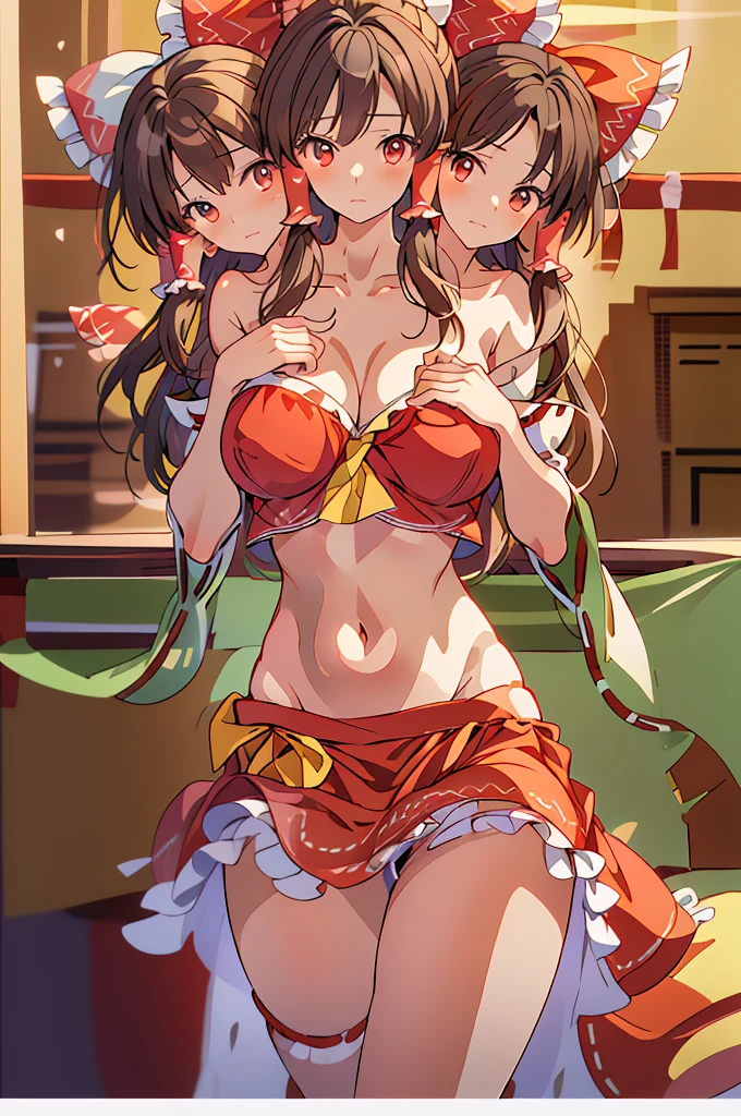 (masterpiece, best quality), best quality, (ultra-detailed), (3heads:1.5), 1girl, (hakurei reimu:1.3), masterpiece, best quality, ultra quality, ultra resolution, ultra detail, red top, crop top, ((stomach)), midriff, ((groin)), red skirt, normal ears, shackles, brown hair, very long hair, wavy hair, sidelocks, brown eyes, detailed eyes, parted lips, sweat, cute, toned belly, hand on own chest, eyelashes, (24 year old woman:1.3), (masterpiece:1.5), (best quality:1.5), (beautiful detailed), extremely detailed CG, extremely delicate and beautiful, depth of field, (finely detailed face), (perfect details:1.2), (mature female:1.3), wide pelvis, slender, large veiny breast, 16k resolution, highres, high quality, high definition, extremely detailed, masterpiece, brown hair, long hair, alluring presence, braid, short skirt, close up, big tits, young, red bow, frilled bow, hair tubes,