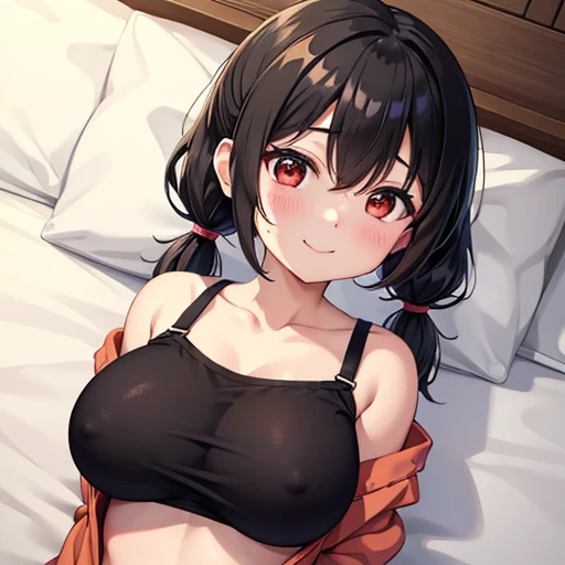 My name is Yunyun - Konosuba break very cute Black Hair Short pigtails 肩の前の位置でShort pigtailsを赤いリボンで結ぶ 低い位置でShort pigtailsを赤いリボンで結ぶ happy smile Big smile Full face blush, large red eyes, and a crooked mouth.々 break I can see your round boobs Shoulders and chest are visible(yellow)pajamas Lying on your back in bed Sweat