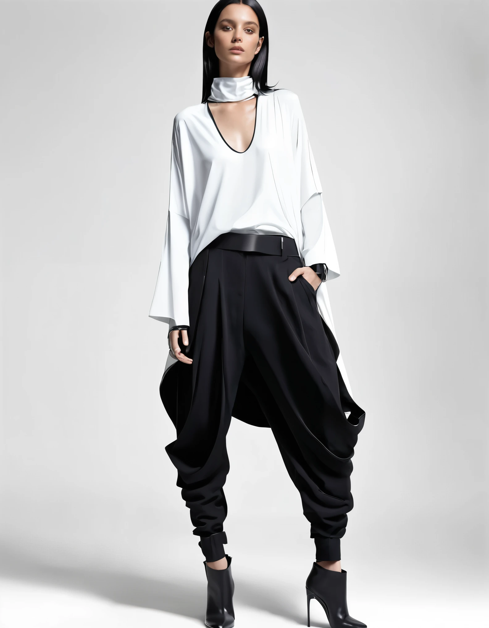 (nsfw:1.2), (masterpiece, Best Quality:1.4), digital art, Generate an image of a modern and avant-garde fashion outfit. The outfit consists of a single piece that combines a loose, straight-line top and drop-crotch pants. The entire outfit is predominantly white.
The top features a simple crew neckline and falls straight down from the shoulders to the ankles, creating a flowing silhouette. The pants have a distinctive drop-crotch design, with the crotch area hanging low and the legs gradually tapering down to a more fitted shape. On the right leg, there is an abstract, hand-drawn-style pattern or sketch that adds a unique artistic touch.
Around the neck, the model is wearing a long, black necklace with a large central ring and multiple thin straps hanging down, creating a strong visual contrast against the white outfit. The footwear is black platform sandals with a simple yet bold design that complements the overall modern and edgy look of the outfit.
The jp model is posed against a plain background, with a relaxed and confident stance, highlighting the unique silhouette and details of the outfit