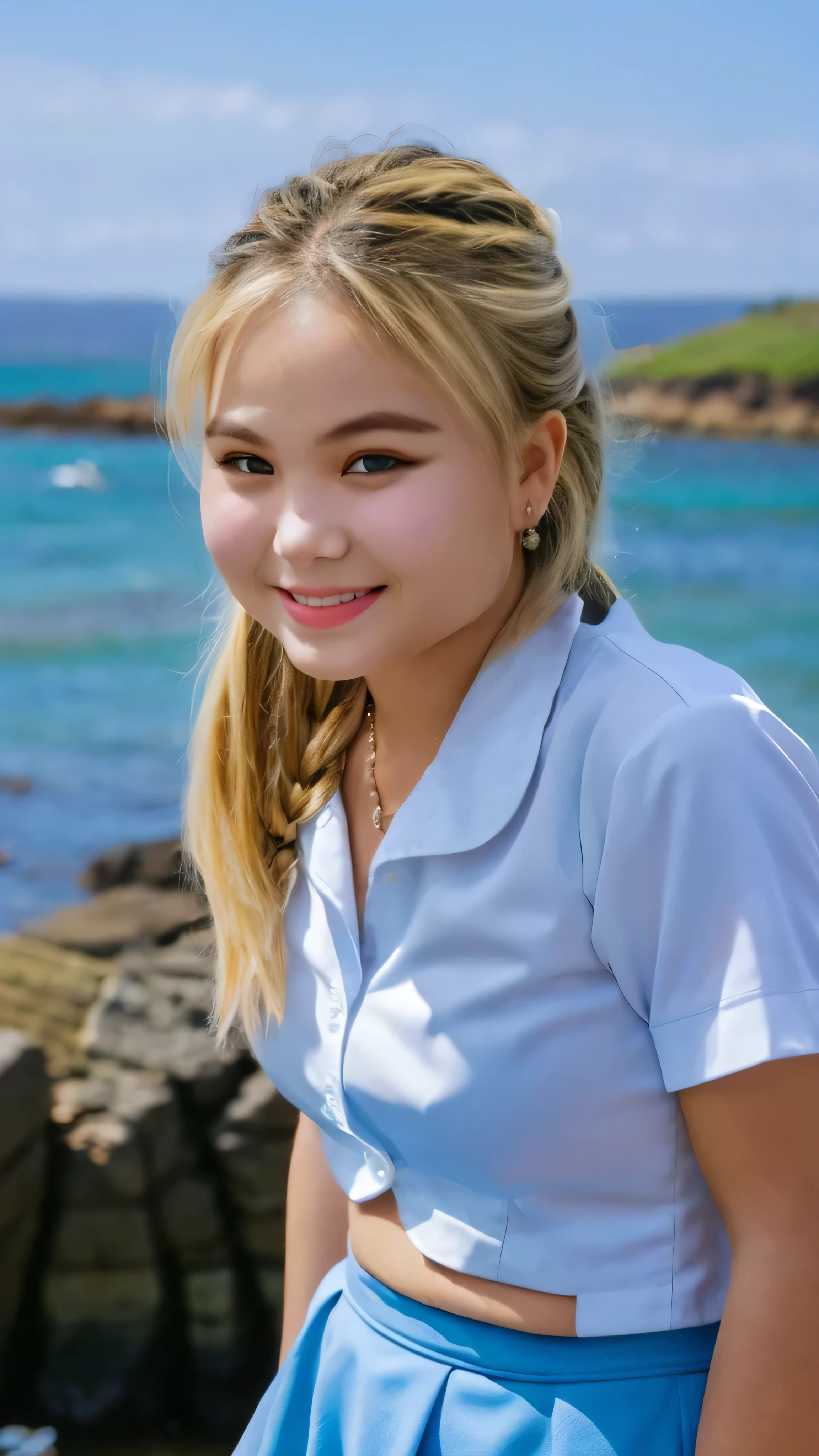 1 girl, alone, looking at the viewer, blonde long hair, hair is tied up, open white shirt only, blue mini skirt, brown eyes, Coastal rocky background, small breast , smile, realistic, masterpiece, 最high quality, high quality, High resolution,