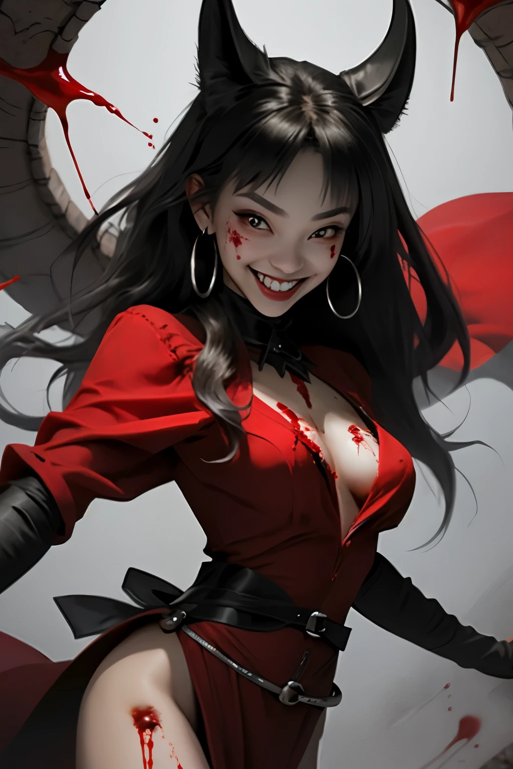 vampiric female smile with a little bit of blood drooping from her fangs
