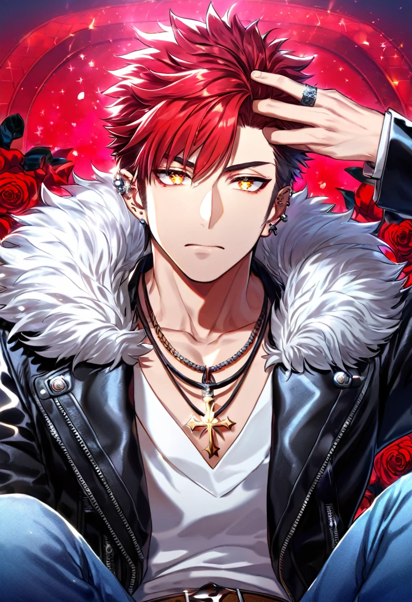 Ultra detailed, Highres, absurdres, HDR, Suoh Mikoto, red hair is kept short ruffled and spiked with two strands of hair near the opposite sides of his head falling on his face as well as distinct sideburns, K, expressive golden eyes, black leather jacket with a fur collar and a white V-neck underneath, silver ring, a star-shaped necklace, a piercing in his left ear, red flowers, petals, handsome, man, solo, very detailed eyes and face, glittering small red butterflies, master piece, glittering, fantasy, cross, red background, flames, sitting, blue pants, brown belt