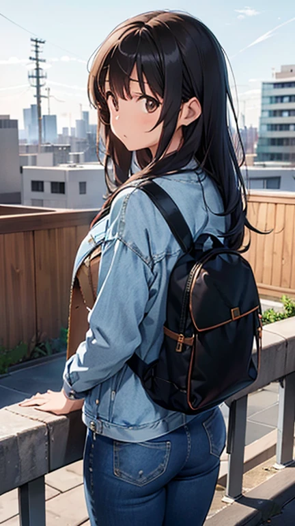 shiho Nishizumi,Blue jean jacket,Jeans pants,Semi-long hair,Ashime Hair,Brown Hair,Black Eyes,Big Breasts,From the back,Take in the view,Broken posture,Rooftop garden,At least one backpack, Beautiful image quality,slightly muscular,