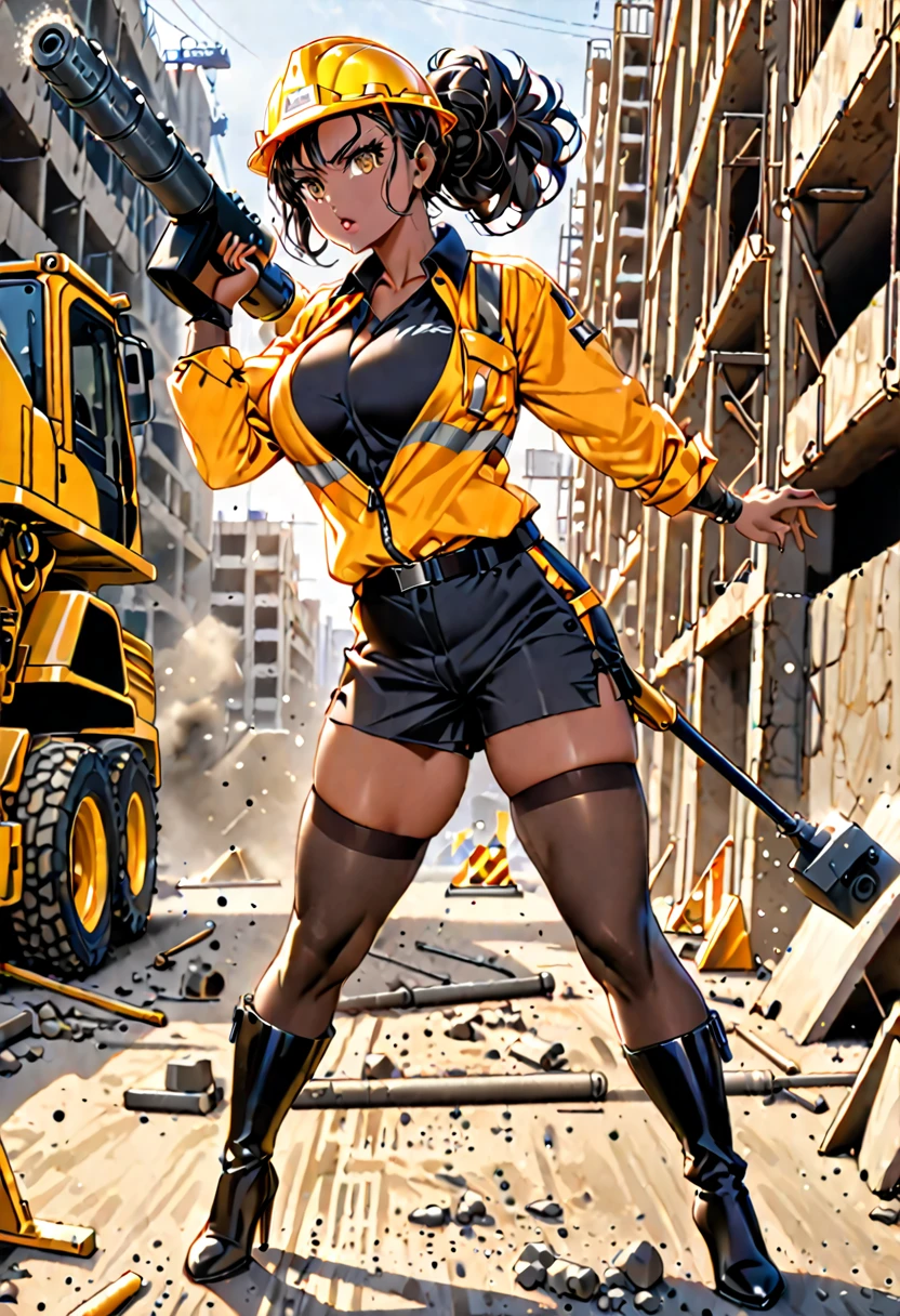 solo, female, action, cinematic, full body, dynamic view, BBW, dwarf, mature woman, dark skin, weird hairstyle, , brown eyes, large breasts, muscular, elegant legs, yellow helmet, construction worker uniform, sexy, black thigh high boots, sexy pose, holding jackhammer, street construction site,