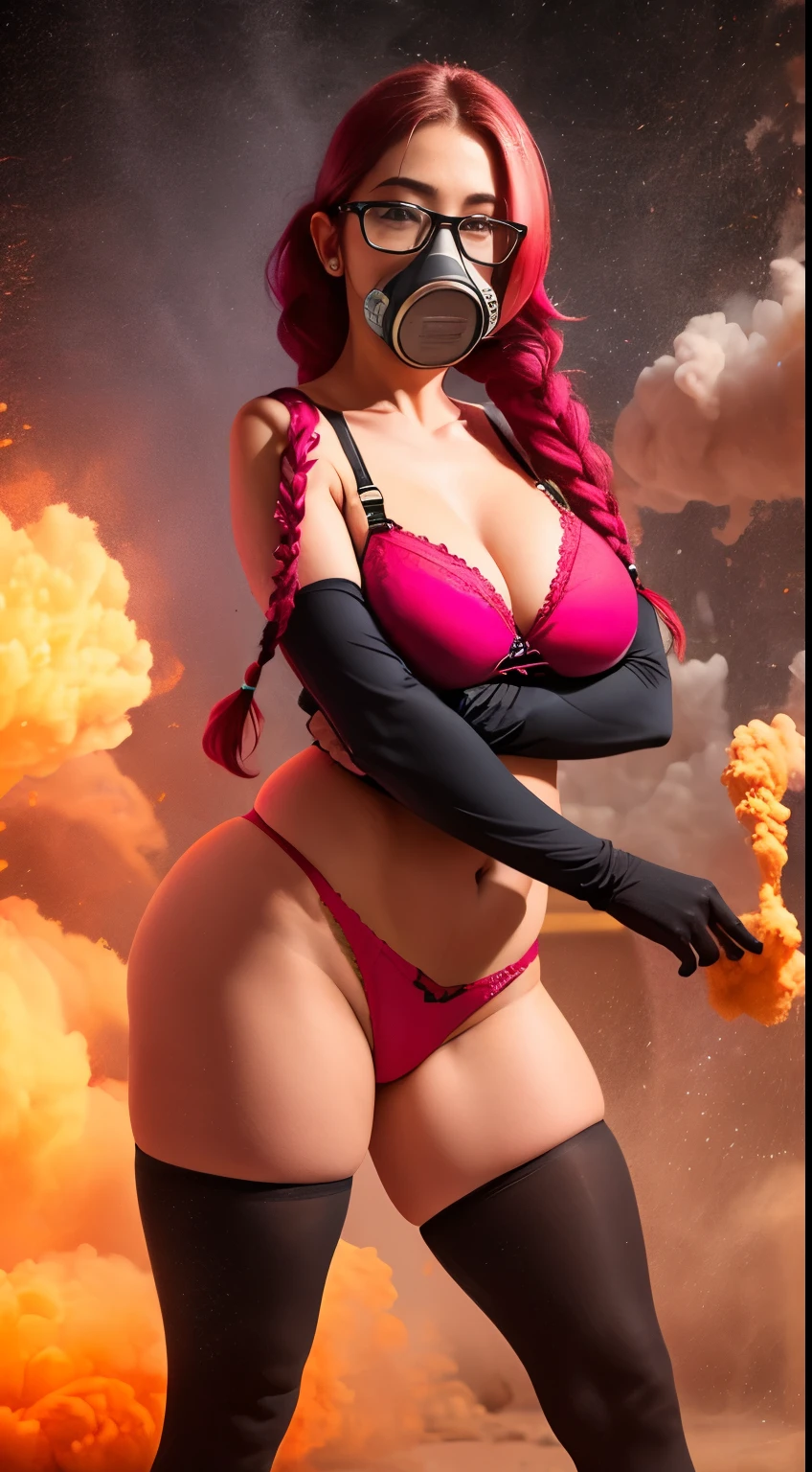 Sexy woman with big breasts athletic body wearing red panties red bra black tights hair with a braid wearing a gas mask and glasses Red and gray explosive dust Explosive dust