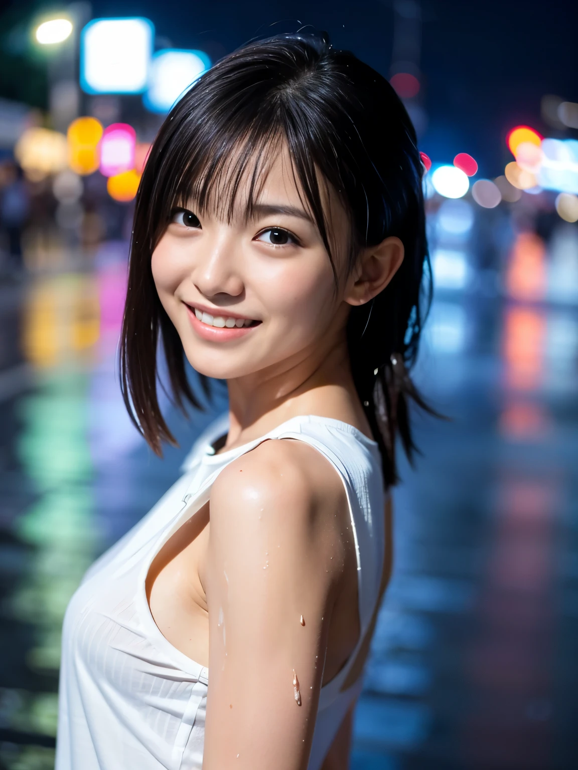 (Best-quality, Masterpiece, Ultra-High-Resolution, (Photorealistic:1.4), Raw Photo, depth of field, professional lighting, perfect anatomy, extremely details), 1girl, the most famous Japanese idol, innocent smile, cowboy shot, at street in heavy-rain, wearing very wet clothes from heavy-rain, extremely wet hair from heavy-rain, extremely wet body from heavy-rain