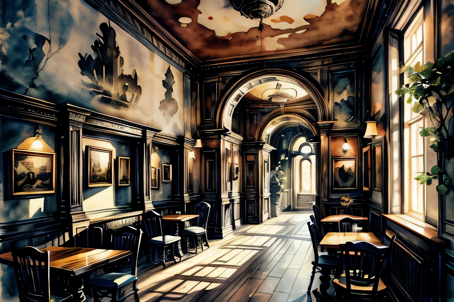 Pub, Interior, Watercolor, art, art, Fantastic illustrations, upscale, fairy tale, Fairytale