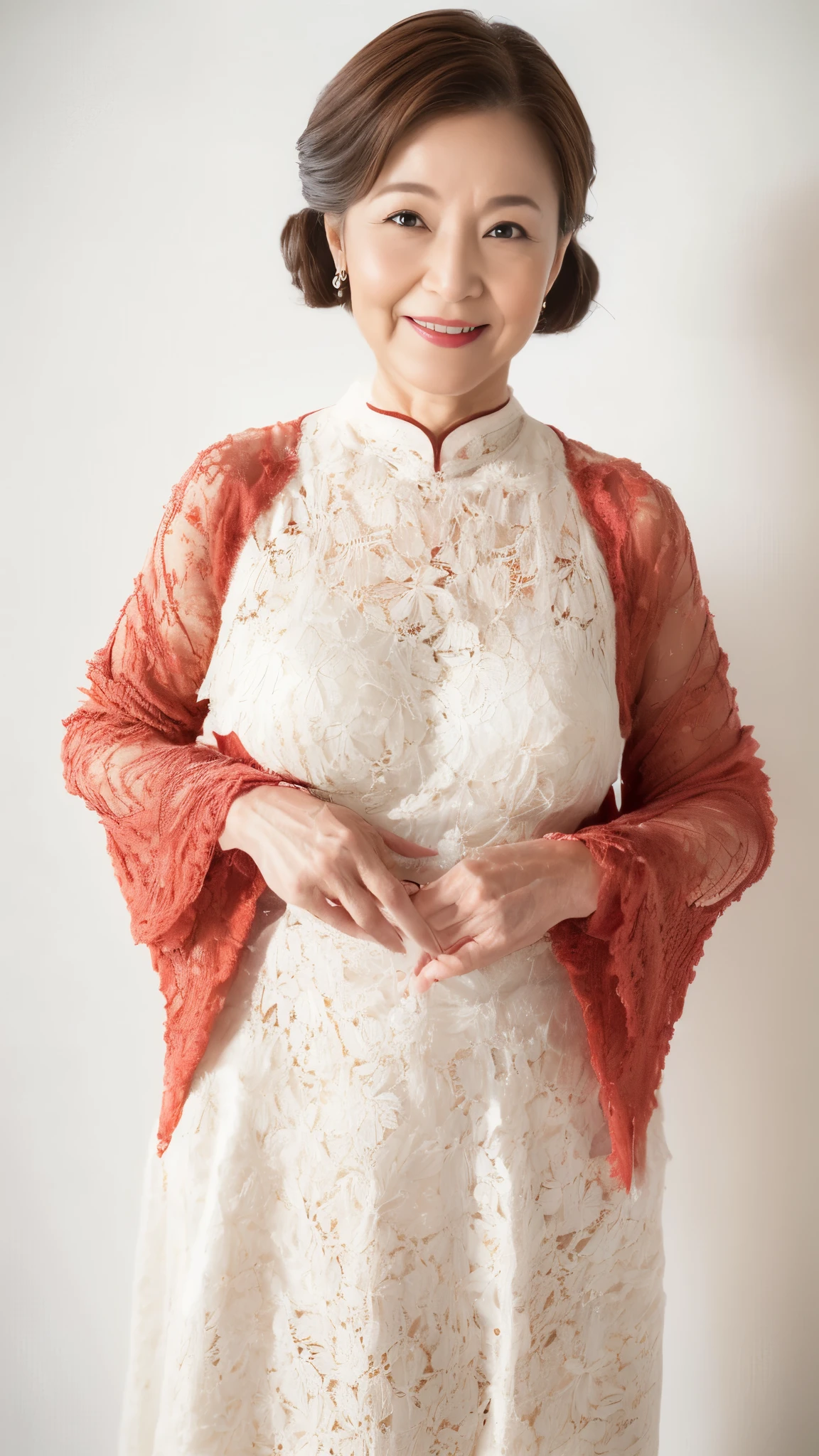 Senior Model Agency, Late Elderly, Perfect composition, ((Fractal Art)), (((masterpiece))), 8k, Clear images, (((alone))), (((Asian Beauty))), Pure white background, Natural Hair Color, Hands behind back, Refreshing early summer outfit, Alluring, ((Elderly)), Depict lips accurately,Red lips, Flashy makeup, (((alone))), (((Perfect Anatomy))), Depicting ears correctly, Pure white background, gravure, Upright posture, smile, ((Beautiful mature woman)), highest quality, Very detailed, Realistic, Very detailed細なスキン, (Madame), (The corners of the mouth are turned up), 120 years old, Huge breasts, Mature Politician, Glamour, sexy, Pure white skin, Natural hairstyle, Comfortable clothing,