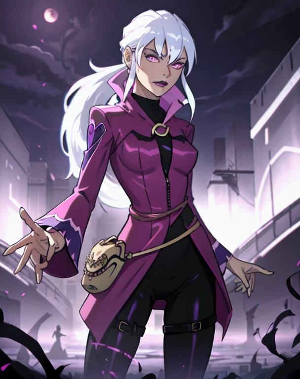 (cowboy shot), sfw, (masterpiece), (best quality:1.0), (ultra highres:1.0), detailed eyes, BREAK Charmcaster, 1girl, low ponytail, bangs, pink eyes, lipstick, magenta coat, bodysuit, dark purple tights, thigh straps, pouch belt BREAK (city, nighttime, creepy and isolated tone, outdoors, gorgeous view)
