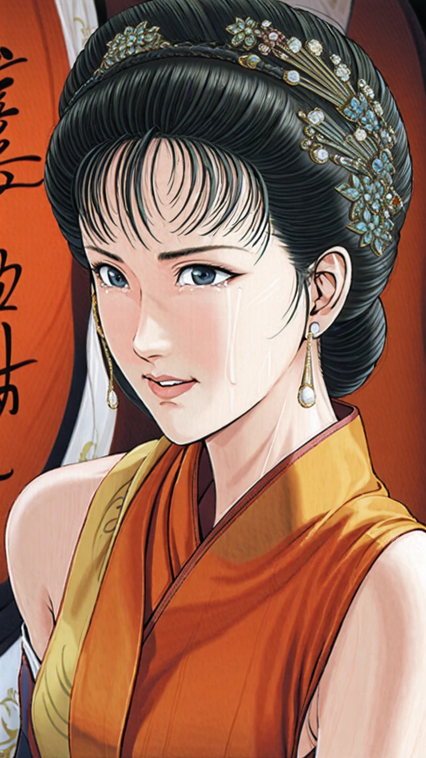 (best quality), (very aesthetic), (ultra-detailed), (best illustration),(a mature female),(perfect face),Suikoden,Mrs. Lin,(NSFW),((full_body)),((full_nude)),((crying)),Covers mouth with right hand,red cheek,sweating,skinny,flushed skin,(hairly pussy),Her breasts are being sucked by a skinny middle-aged man,chinese traditional bed room,overhead view