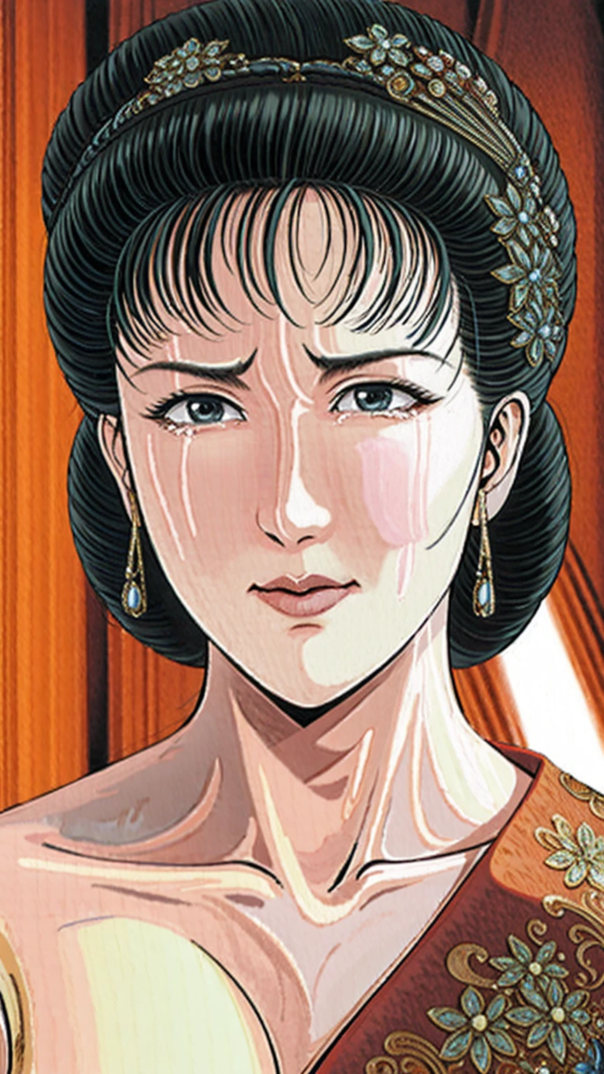(best quality), (very aesthetic), (ultra-detailed), (best illustration),(a mature female),(perfect face),Suikoden,Mrs. Lin,(NSFW),((full_body)),((full_nude)),((crying)),Covers mouth with right hand,red cheek,sweating,skinny,flushed skin,(hairly pussy),Her breasts are being sucked by a skinny middle-aged man,chinese traditional bed room,overhead view