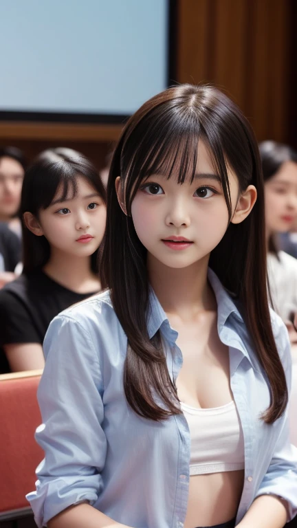 Very beautiful 14 year old cute girl、Sexy and very beautiful、Very cute face，extremely beautiful、Open shirt、Beautiful breasts、Lean forward、Look up at the audience