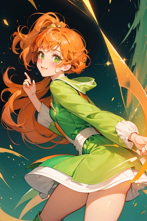 Curltchi has a light orange, with thin hands and green pointed boots. her hair is curled downwards and forms a rolled up shape. sHe has orange lips and large, orange blush circles. SPARKLE; GLITTER