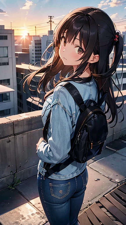 shiho Nishizumi,Blue jean jacket,Jeans pants,Semi-long hair,Ashime Hair,Brown Hair,Black Eyes,Big Breasts,back of head,back,Watching the sunset,Broken posture,Rooftop garden,At least one backpack, Beautiful image quality,slightly muscular,