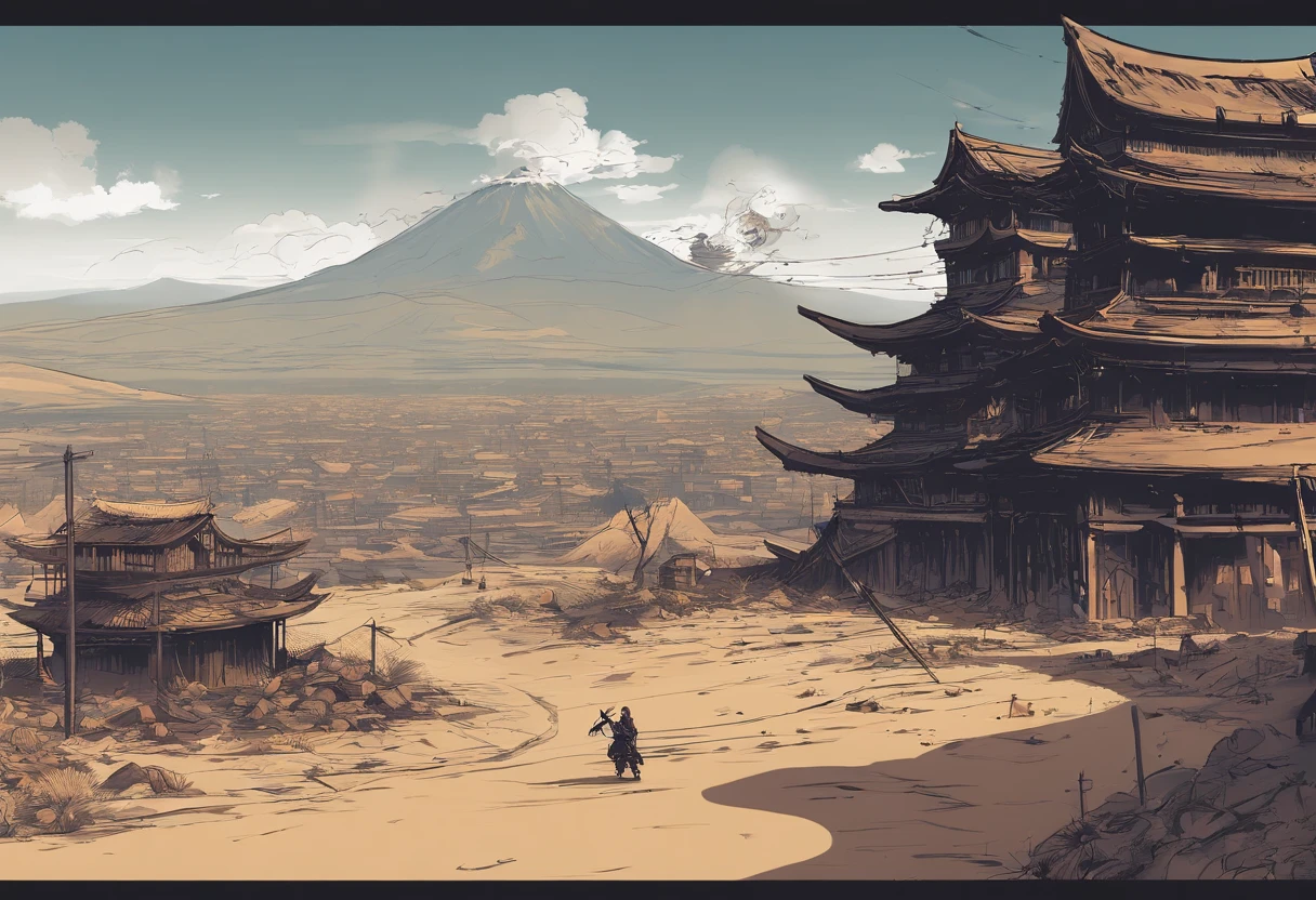 Post-apocalyptic wars, shadowing, Nero, A desert , shadowing, Gloomy atmosphere, darkly, ((natta)), The breadth of the landscape, book cover，Wasteland，A desert，Wasteland City，Building patches，Japan architecture，castle wall，Waste soil style，Samurai of Japan，Savage