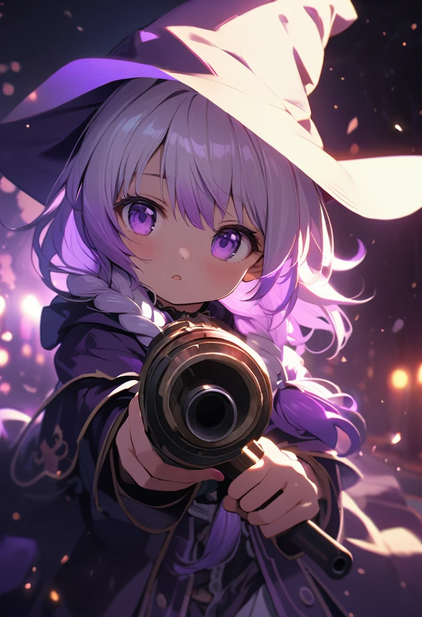 (Highly detailed 8k wallpaper), Medium shot of 2 loli necromancers, Staring at each other, yinji, (purple hair, purple eyes, long hair, white hair, double braids, gradient hair,Particle Lighting, High Detail, Dramatic, Gatling gun in hand, Clean background, wearing wizard hat, 