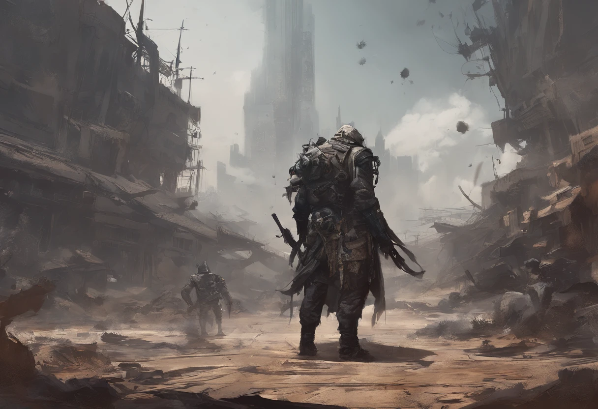 Post-apocalyptic wars, Shades of white, Nero, A desert , shadowing, Gloomy atmosphere, darkly, ((natta)), The breadth of the landscape, book cover,Wasteland,Wasteland costumes,Shabby clothing,patches,Rusty samurai armor,samurais,Gas masks。