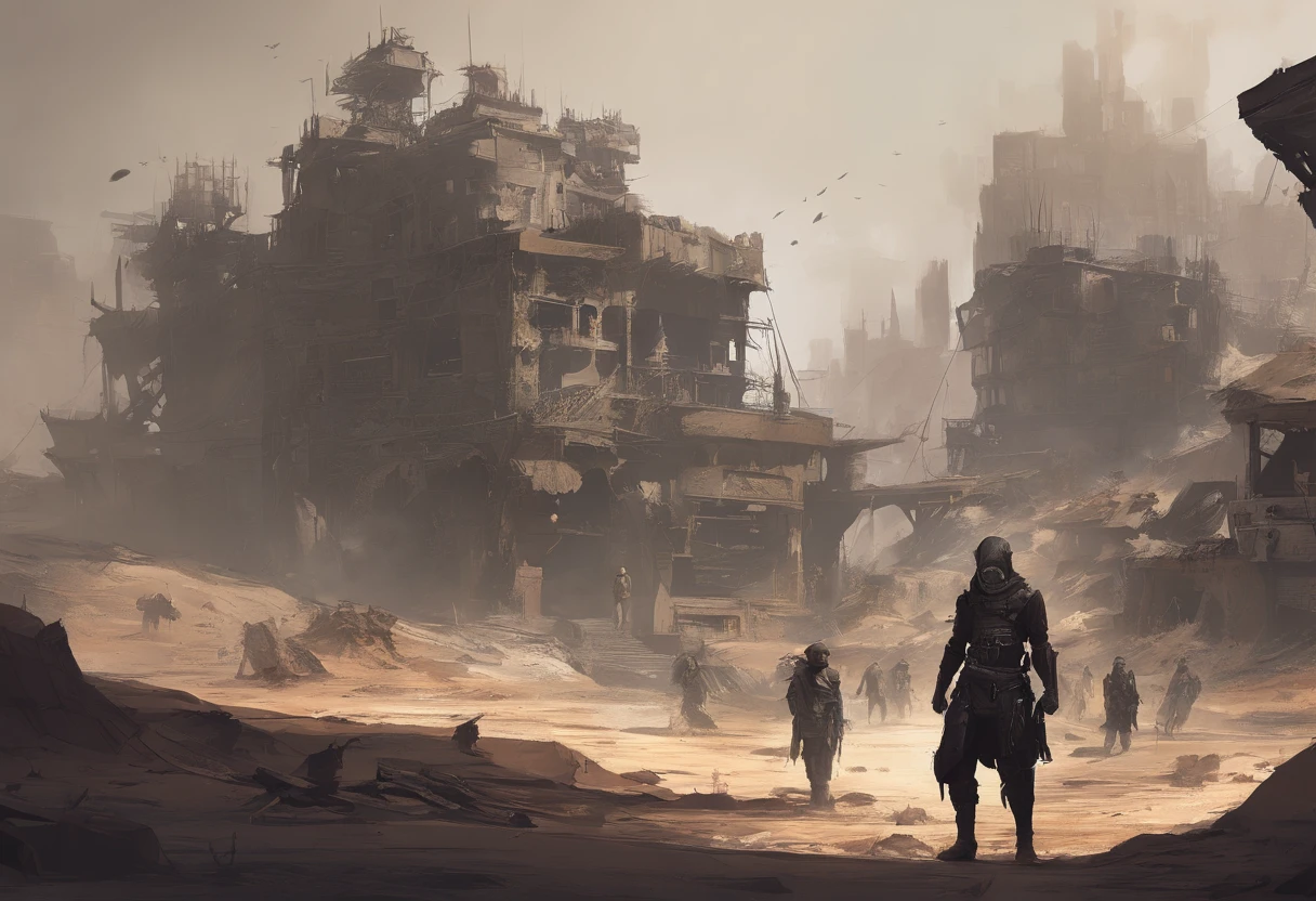 Post-apocalyptic wars, Shades of white, Nero, A desert , shadowing, Gloomy atmosphere, darkly, ((natta)), The breadth of the landscape, book cover,Wasteland,Wasteland costumes,Shabby clothing,patches,Rusty samurai armor,samurais,Gas masks。