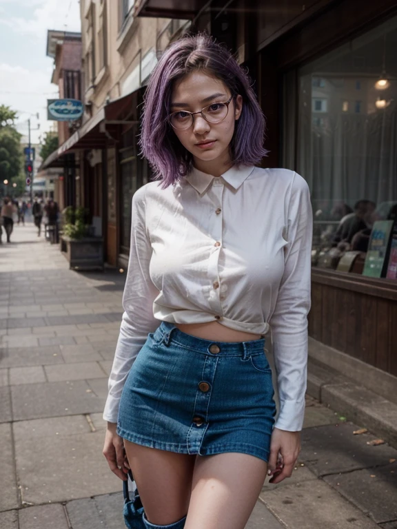 (1 lady), (Best quality at best:1.4), (ultra - detailed), (extremely detailed CG unified 16k), A Beautiful Woman with Perfect Figure: 1.4, Sharp Focus: 1.2, purple hair, very detailed, High-definition RAW color photo, professional photoshooting, amazing face and eyes, cosmetics, (standing), (amazingly beautiful girl), ((kotomi)), (exact clothes: (buttons white shirt, long sleeves), (azure tight skirt jean-type, til knees skirt), formal, teacher outfit, glasses, (black combat boots with blue laces)), (looking cute, immerse in her own thoughts expression), (City park, extremely detailed background, realistic background, first date vibes), (frontal photo), realistic cinematic face, head to feet long wide zoomed out view, full body long view, head to shoes, photorealistic, ((realistic natural purple hair style, purple eyes)), gorgeous, extremely beautiful face, pretty face, delicate girl, (attractive body, fit woman, big girl, athletic body, strong female), perfect model beauty, pout mouth, Highly Detailed Face and Skin Texture, Detailed Eyes, Double Eyelids, Medium size breasts, shy but motivated expression, (masterpiece), best quality, high resolution, extremely detailed, cinematic lighting, amazing legs, clear and well-cared skin, (milky pale skin, white skin like milk), official dior editorial, trending on pinterest, dreamy, aesthetic, ((style raw))