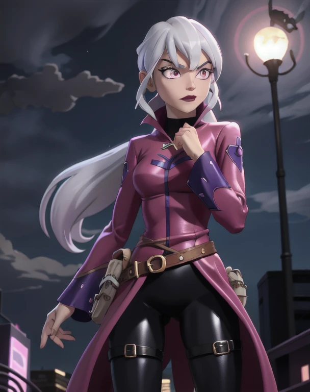 (cowboy shot), sfw, (masterpiece), (best quality:1.0), (ultra highres:1.0), detailed eyes, BREAK Charmcaster, 1girl, low ponytail, bangs, pink eyes, lipstick, magenta coat, bodysuit, dark purple tights, thigh straps, pouch belt BREAK (city, nighttime, creepy and isolated tone, outdoors, gorgeous view)
