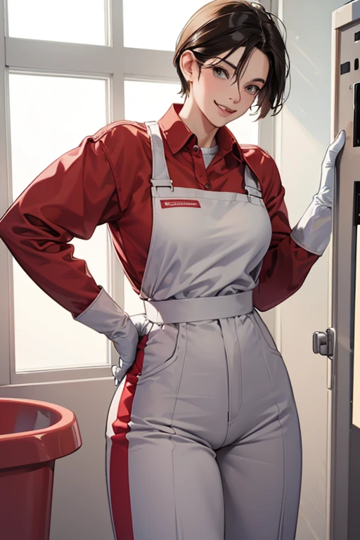 A muscular, short-haired mature woman in red long-sleeved, long-pants gym uniform, wearing white rubber boots and oversized pink rubber gloves, cleaning a dirty school toilet while smiling.