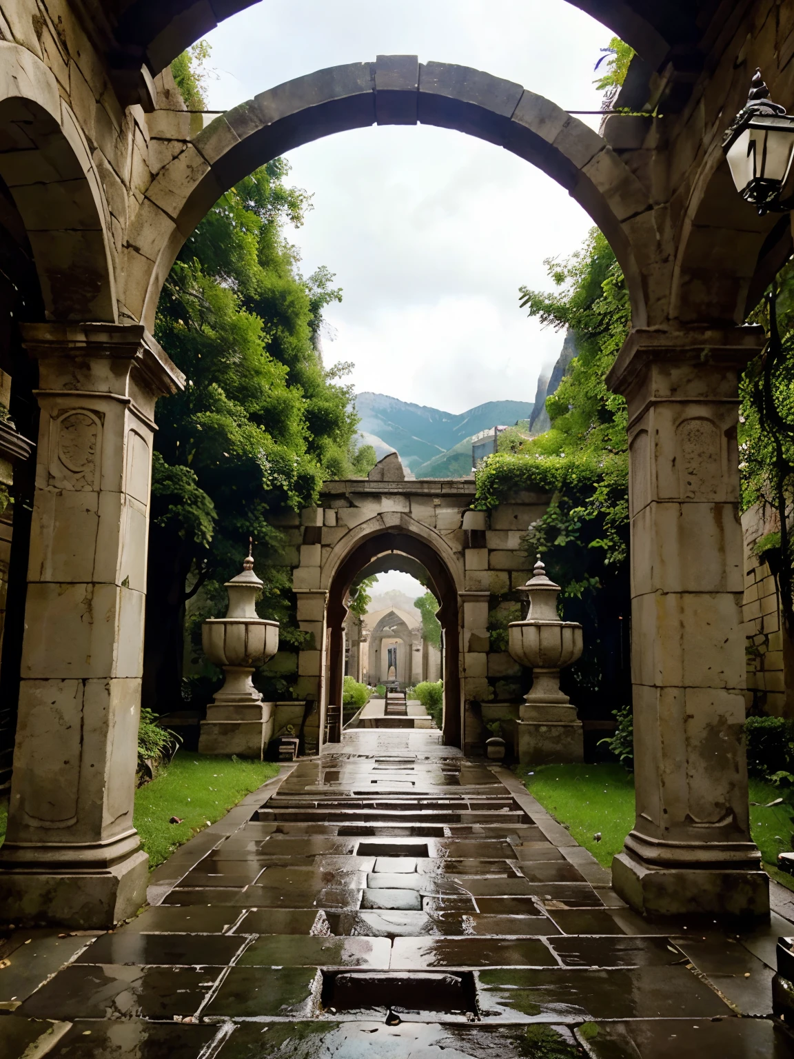a grand archway with ornate stonework, featuring a series of columns and intricate detailing on the arch's keystone. Below the arch, a cobblestone path leads up to a set of stairs that ascend into the distance, flanked by lush green foliage. In the background there is a valley in the distance with mountains and waterfalls. The weather is cloudy as if it had just rained. The overall scene conveys a sense of tranquility and anticipation for what lies beyond the archway.