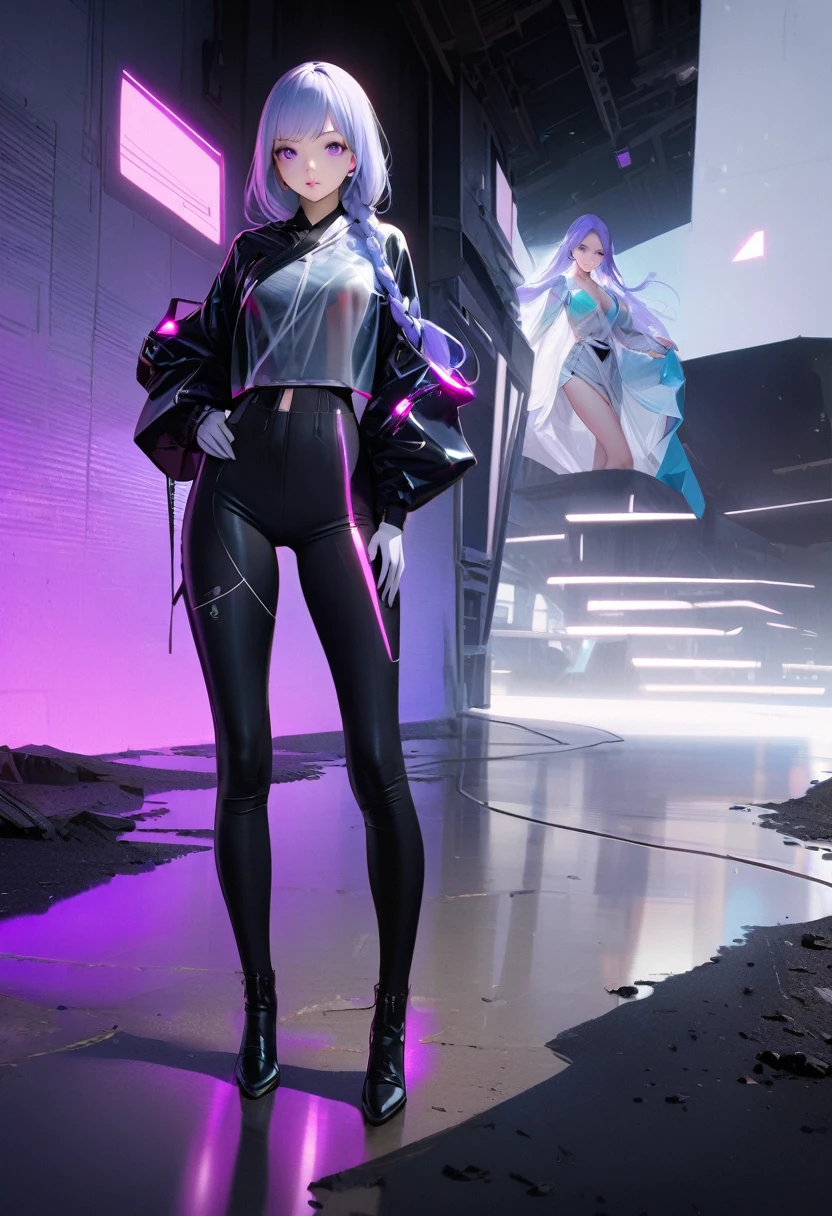 Best quality,Ultra-detailed,Ultra-realistic,Futuristic costume design,Design implies flexibility,Monochromatic color scheme emanates tranquility,Surface reflects light softly,Minimalism,Simple and powerful feminine beauty,modernism,Feminine Elements in Visual Arts,先进技术与自然的Fusion,Photorealistic rendering,2 girls, Staring at each other, yinji,Purple Hair,Purple Eyes,Long hair,White hair,(Double Braid),Gradient hair,Cyberpunk Kimono,translucent,Smooth fabric,Low-rise black leggings,chiffon,Kimono top,Monochromatic color palette,Smooth lines,Futuristic decoration,high-tech accessories,Minimalism设计,Fusion,Bold and simple,Serene expression,Cybernetic enhancement,Striking elegance,(Droopy eyes,Pale eyebrows:1.3),Well-defined facial lines,Highlighting her radiant fair skin,(In concrete,Realistic black shadows v,realistic lightning:1.3),Incredibly slim waist,Exudes sculptural beauty,Looking at the audience,
