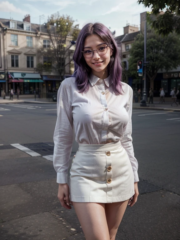 (1 lady), (Best quality at best:1.4), (ultra - detailed), (extremely detailed CG unified 16k), A Beautiful Woman with Perfect Figure: 1.4, Sharp Focus: 1.2, purple hair, very detailed, High-definition RAW color photo, professional photoshooting, amazing face and eyes, cosmetics, (standing), (amazingly beautiful girl), ((kotomi)), (exact clothes: (buttons white shirt, long sleeves), (azure tight skirt jean-type, til knees skirt), formal, teacher outfit, glasses, (black combat boots with blue laces)), (looking cute, immerse in her own thoughts expression), (City park, extremely detailed background, realistic background, first date vibes), (frontal photo), realistic cinematic face, head to feet long wide zoomed out view, full body long view, head to shoes, photorealistic, ((realistic natural purple hair style, purple eyes)), gorgeous, extremely beautiful face, pretty face, delicate girl, (attractive body, fit woman, big girl, athletic body, strong female), perfect model beauty, pout mouth, Highly Detailed Face and Skin Texture, Detailed Eyes, Double Eyelids, Medium size breasts, shy but motivated expression, (masterpiece), best quality, high resolution, extremely detailed, cinematic lighting, amazing legs, clear and well-cared skin, (milky pale skin, white skin like milk), official dior editorial, trending on pinterest, dreamy, aesthetic, ((style raw))