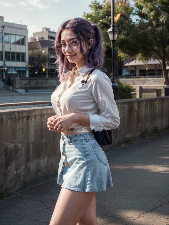 (1 lady), (Best quality at best:1.4), (ultra - detailed), (extremely detailed CG unified 16k), A Beautiful Woman with Perfect Figure: 1.4, Sharp Focus: 1.2, purple hair, very detailed, High-definition RAW color photo, professional photoshooting, amazing face and eyes, cosmetics, (standing), (amazingly beautiful girl), ((kotomi)), (exact clothes: (buttons white shirt, long sleeves), (azure tight skirt jean-type, til knees skirt), formal, teacher outfit, glasses, (black combat boots with blue laces)), (looking cute, immerse in her own thoughts expression), (City park, extremely detailed background, realistic background, first date vibes), (frontal photo), realistic cinematic face, head to feet long wide zoomed out view, full body long view, head to shoes, photorealistic, ((realistic natural purple hair style, purple eyes)), gorgeous, extremely beautiful face, pretty face, delicate girl, (attractive body, fit woman, big girl, athletic body, strong female), perfect model beauty, pout mouth, Highly Detailed Face and Skin Texture, Detailed Eyes, Double Eyelids, Medium size breasts, shy but motivated expression, (masterpiece), best quality, high resolution, extremely detailed, cinematic lighting, amazing legs, clear and well-cared skin, (milky pale skin, white skin like milk), official dior editorial, trending on pinterest, dreamy, aesthetic, ((style raw))