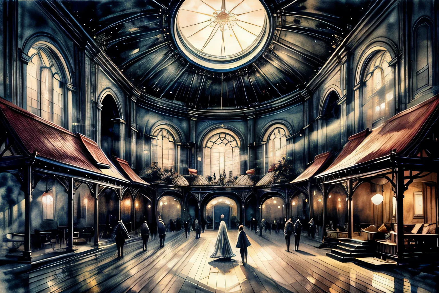 New Year Festival Venue, Interior, Watercolor, art, art, Fantastic illustrations, upscale, fairy tale, Fairytale, Monochrome