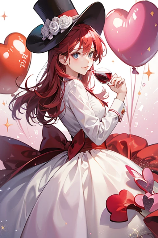 she wears a red tophat with three heart-shaped balloons coming out, one blue, one red, and one pink. sHe is also depicted carrying a wine glass and a white flower. SPARKLE; GLITTER