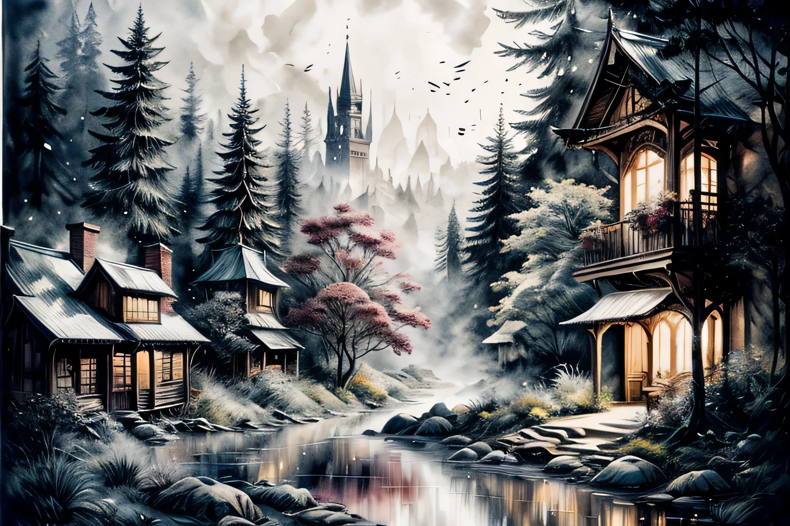 New Year Festival Venue, Interior, Watercolor, art, art, Fantastic illustrations, upscale, fairy tale, Fairytale, Monochrome