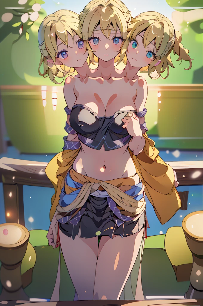 (masterpiece, best quality),best quality, (ultra-detailed), (3heads:1.5), 1girl, (mizuhashi parsee:1.3), masterpiece, best quality, ultra quality, ultra resolution, ultra detail, white top, crop top, ((stomach)), midriff, ((groin)), brown skirt, normal ears, shackles, blonde hair, very long hair, wavy hair, sidelocks, green eyes, very detailed eyes, parted lips, open belly, sweat, cute, toned belly, hand on own chest, eyelashes, (25 year old woman:1.3), (masterpiece:1.5), (best quality:1.5), (beautiful detailed), extremely detailed CG, extremely delicate and beautiful, depth of field, (finely detailed face), (perfect details:1.1), (mature female:1.3), wide pelvis, slender, large veiny breast, 16k resolution, highres, high quality, high definition, extremely detailed, masterpiece, best quality, blonde hair, long hair, alluring presence, braid, short skirt, close up, big tits, young, japanese clothes, medium hair,