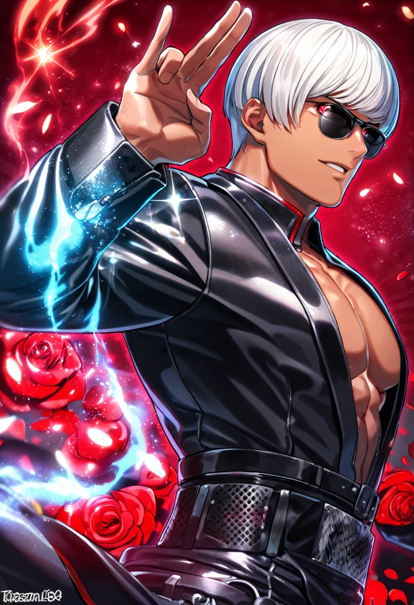 absurdres, highres, ultra detailed, HDR, master piece, best quality, K', white hair, short hair, with bangs, expressive red eyes, the king of fighters, tanned skin, solo, sexy man, handsome, black sunglasses,black leather clothes, magical, fantasy, red background, red roses, shining, red petals, red glittering fireflies