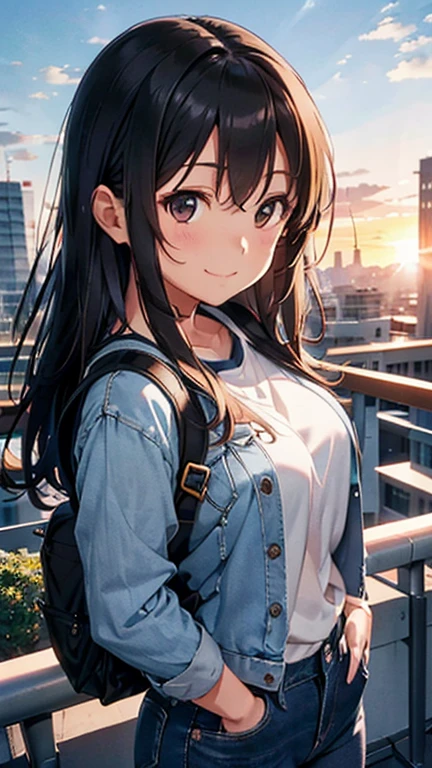 shiho Nishizumi,Blue jean jacket,Jeans pants,Semi-long hair,Ashime Hair,Brown Hair,Black Eyes,Big Breasts,Smiling expression,from the front,Sunset view,Broken posture,Rooftop garden,At least one backpack, Beautiful image quality,slightly muscular,