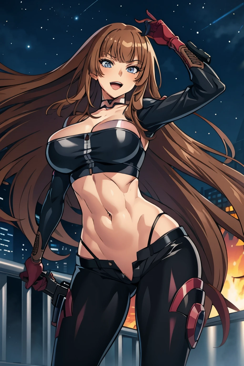 1woman, Kokawa_Asuka, brown_hair, blunt_bangs, medium breasts, blush, lipstick, fur trim, mature female, gloves, fur-trimmed coat, outdoors, rooftop, cityscape, building, railing, night, night sky, scenery, city lights, masterpiece, best quality, highly detailed, a girls with a gun, evil smile , open mouth, sexy gaze, badass
pose , evil smile, smile, , guns blazing, anime girl with long hair, beautiful long
haired girl, navel, evil expression, exposed belly, exposed navel, exposed midriff, exposed lower belly,
long black pants, crop top, cleavage, unbuttoned leather pants ,open fly, low rise black leather pants,
leather jacket, holding a gun, 