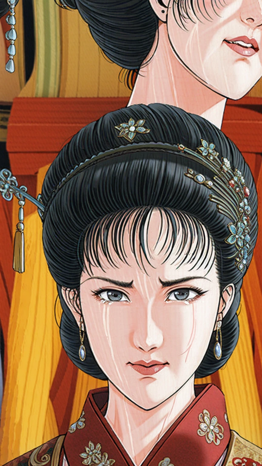 (best quality), (very aesthetic), (ultra-detailed), (best illustration),(a mature female),(perfect face),Suikoden,Mrs. Lin,(NSFW),((full_body)),((full_nude)),((crying)),Covers mouth with right hand,red cheek,sweating,skinny,flushed skin,(hairly pussy),Her breasts are being sucked by a skinny middle-aged man,chinese traditional bed room,overhead view